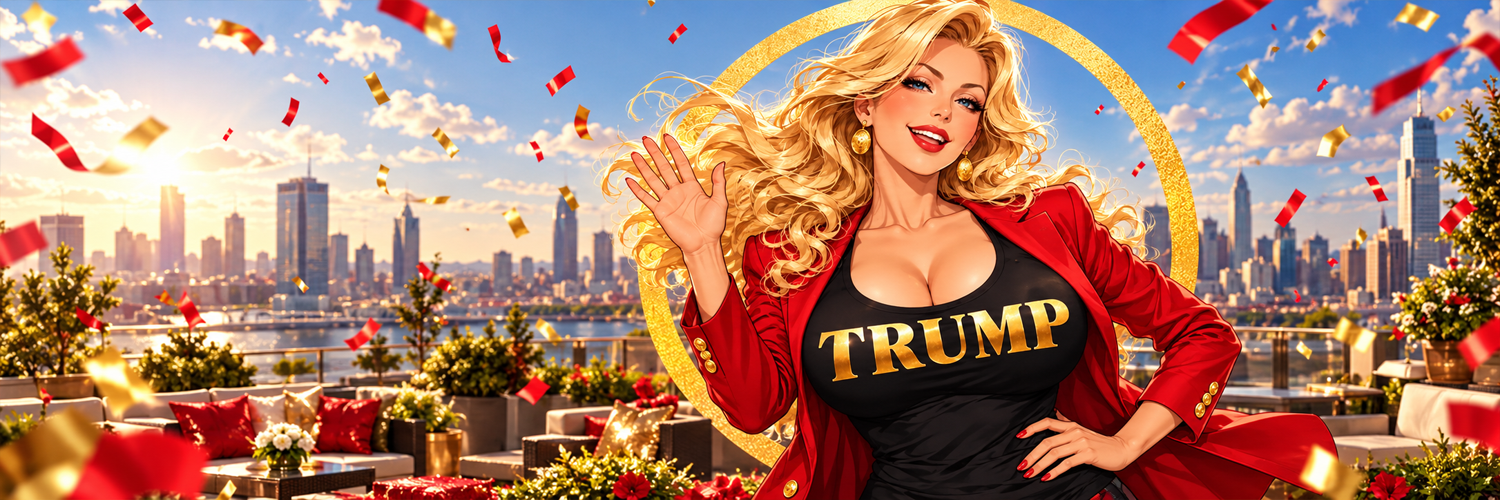 Titty Reserve on a rooftop at sunset, waving through red and gold confetti, with TRUMP across the tank top